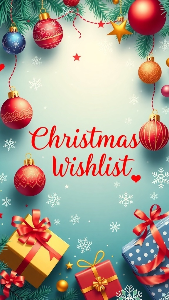 Festive Christmas wallpaper with ornaments, snowflakes, and gifts.